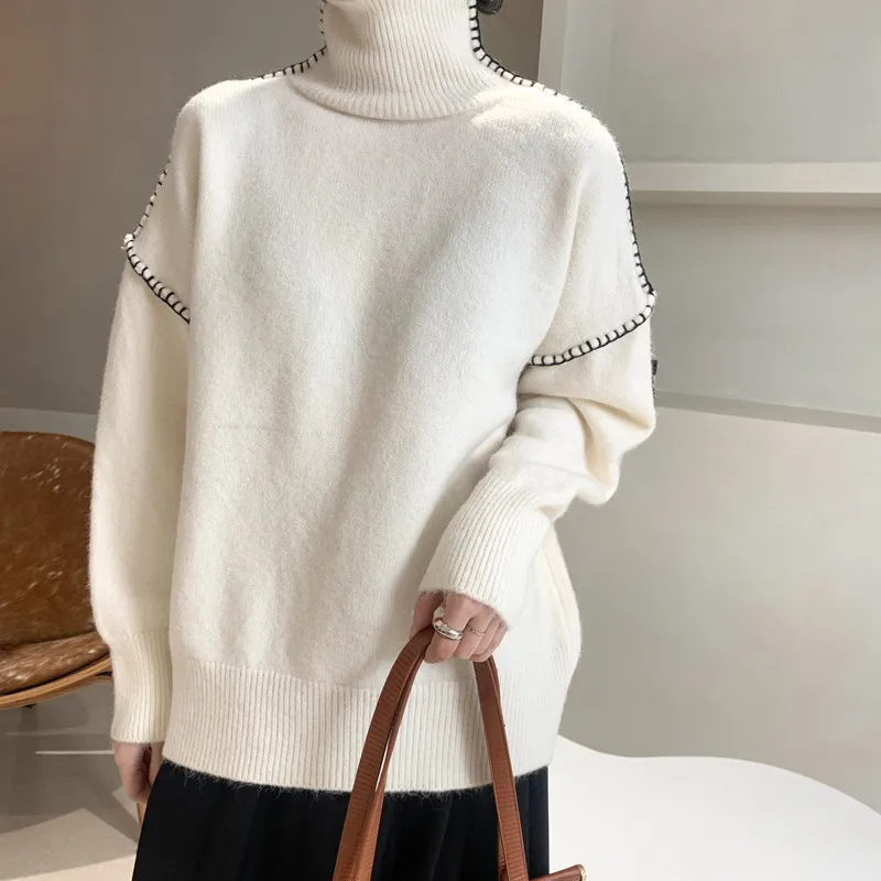 Dames Turtleneck trui herfst winter Koreaanse stijl losse lange gebreide tops batwing mouw vrouwelijke casual pullover jumpers 210521