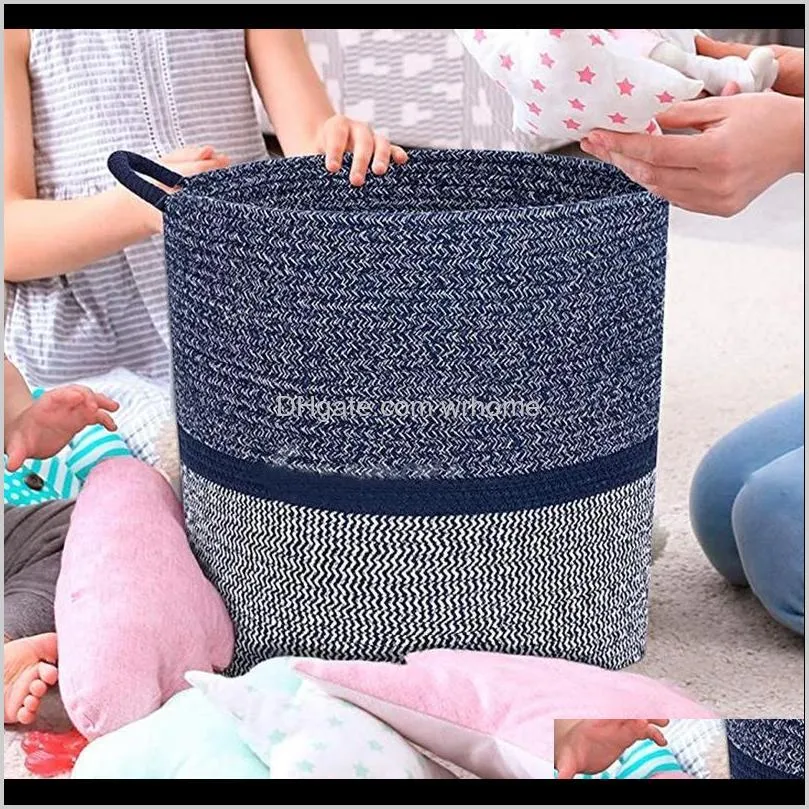 Cotton Rope Basket Woven Baskets With Handles Laundry Hamper Organizing Storage Toy Bin-ABUX