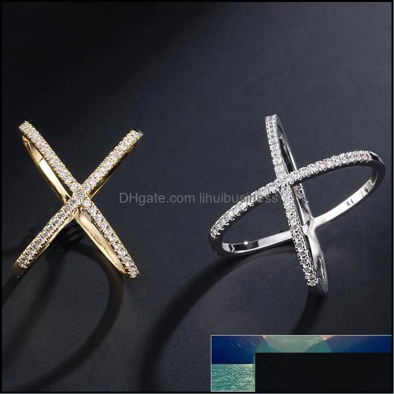 Luxury AAAAA Cubic Zirconia Micro Pave Setting Big X Shaped Finger Ring Fashion Stunning Cross Jewelry Women Accessories