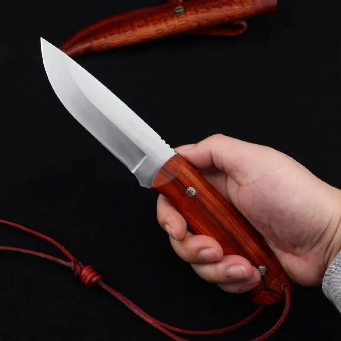 Promotion Outdoor Survival Straight Hunting Knife VG10 Satin Drop Point Blade Ebony Handle Fixed Blades Knives With Leather Sheath