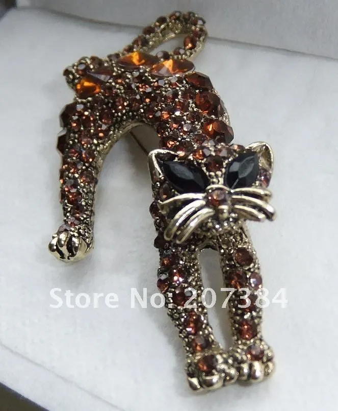 wholesale free shipping,full crystal zircon cat women brooches,fashion alloy cat crystal animal brooch,2 colors