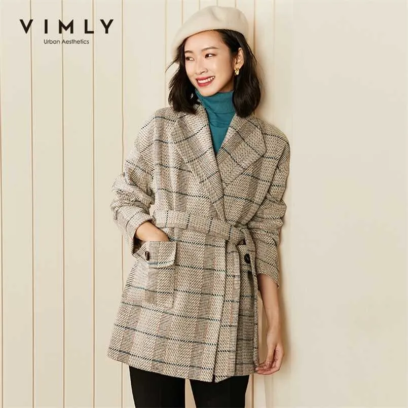 VIMLY Winter Plaid Mäntel und Jacken für Frauen Mode Revers Taschen Gürtel Mantel Elegante Weibliche Blazer Woll Mantel F2998 211110