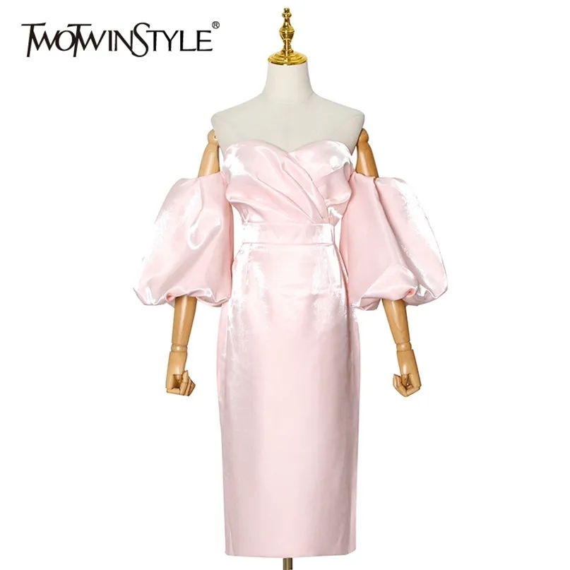 Off Shoulder Pink Dress For Women Strapless Puff Sleeve High Waist Midi Elegant Dresses Female Fashion Clothes 210520