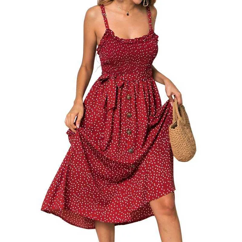 Polka Dots Print Button Spaghetti Strap Sleeveless Off Shoulder Dress Women Casual Summer High Waist Streetwear Beach Dresses 210608