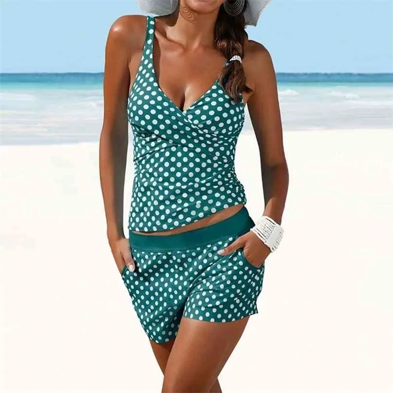 Dots Two Piece Swimsuit Conservative Swimwear Women Shorts Tankini Push Up Plus Size Bathing Suit Beachwear 210625