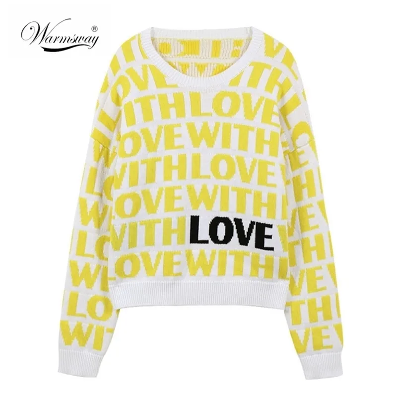 Donne spesse Giallo Love Letter Jacquard Maglioni e pullover O-Collo lavorato a maglia di alta qualità Autunno Inverno Sweet Top C-028 210914