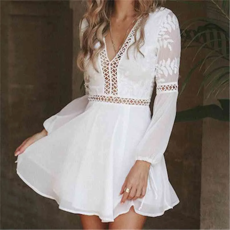 Kvinnor Klänning Vit Trim Kort Mini Sundress Sommar Casual Sexig V-Neck Långärmad Lace Sweet Ball Gown Princess Beachdress 210522