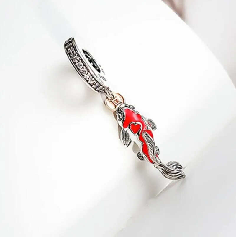 100% 925 plata esterlina de esmalte rojo de esmalte del encanto de pescado se adapta a las pulseras de la joyería del amor de Pandora Europea Collares colgantes para las mujeres que hacen bricolaje