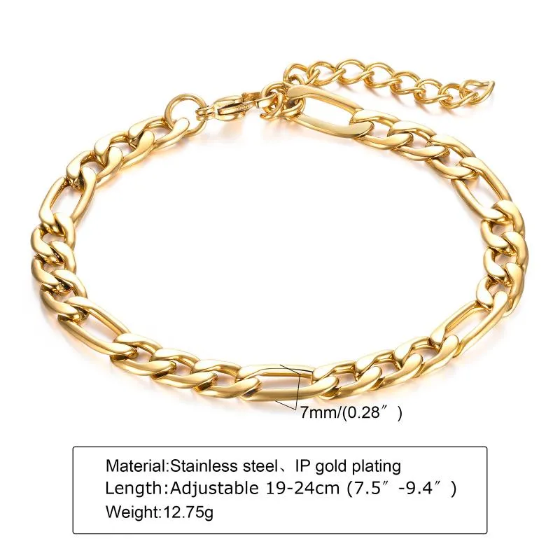 Link, Bracciale Figaro a catena da 7 mm, Bracciale a maglie da uomo delicato, Braccialetti in acciaio inossidabile, Braccialetti color oro, Gioielli unisex_voghion.com
