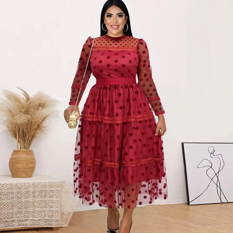 Plus Size Dresses Long Sleeve Tulle Dress Polka Dot Classy A Line Slim Fit Midi Women See Through Lady Evening Party Gowns 5XL