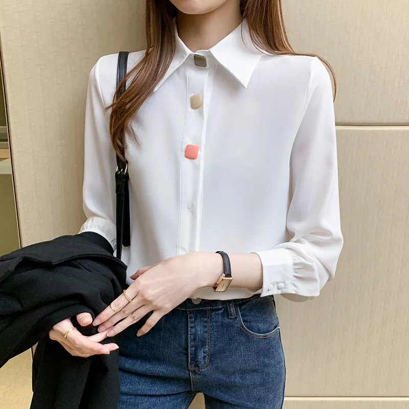 Camisas coreanas para mujer blusas para mujer blusa de gasa de manga larga camisa blanca Tops de oficina para mujer de talla grande 210427