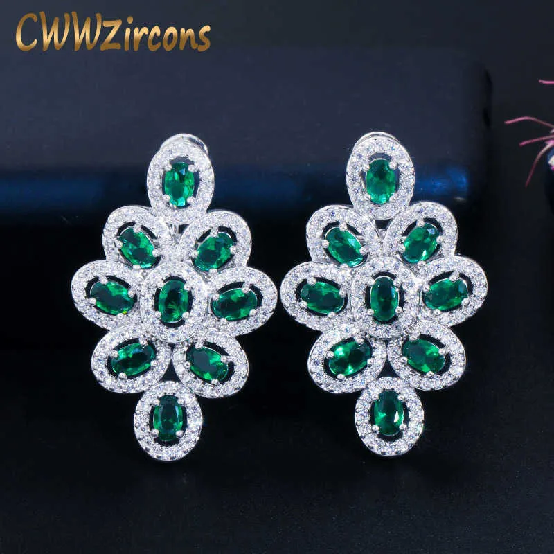Fashion Luxury Green Cubic Zirconia Stone Flower Large Long Stud Earrings for Women Wedding Party Jewelry CZ686 210714