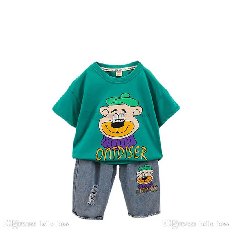 Kids Clothing Sets Casual Boy Suits Boys Outfits Children Clothes Summer Cartoon Cotton Short Sleeve T-shirts Hole Jeans Shorts Pants B6848