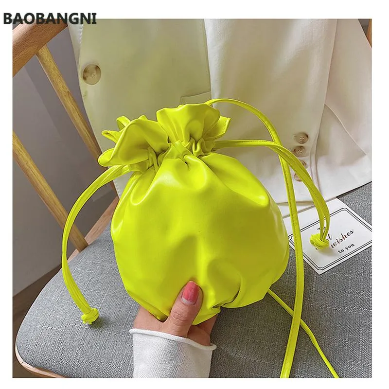 Women Crossbody Bucket Bag Neon Color Girls Shoulder Messenger Bags Orange Drawstring Handbags Organizer PU Leather