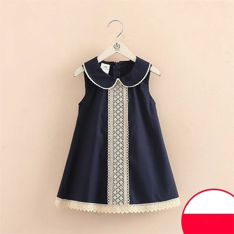 Lato 3-8 10 do 12 lat Dorywczo Koronki Koronki Haft Peter Pan Collar Bez Rękawów Tank Sundress Baby Girls Dress Cotton 210701