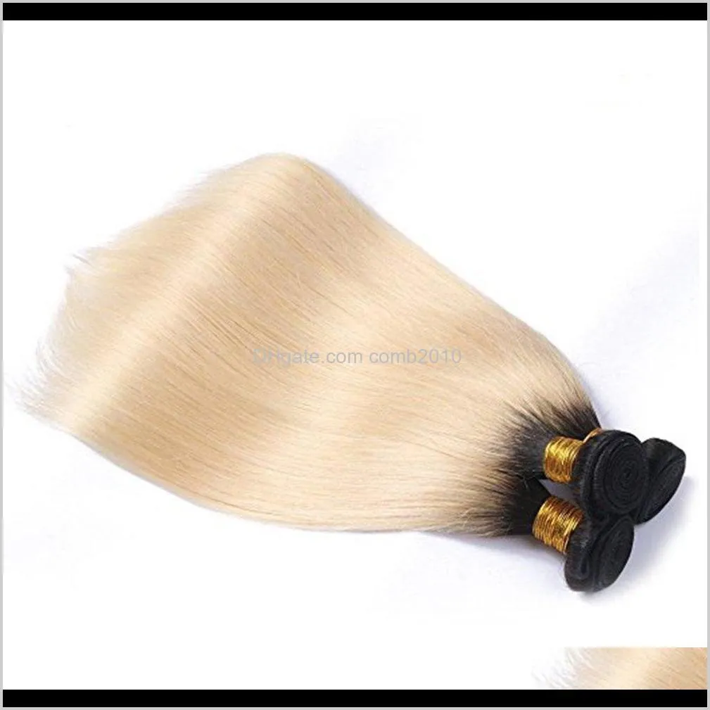 brazilian straight human hair weaves ombre t1b/613 blonde two tone color full head 3pcs/lot double wefts remy hair extensions