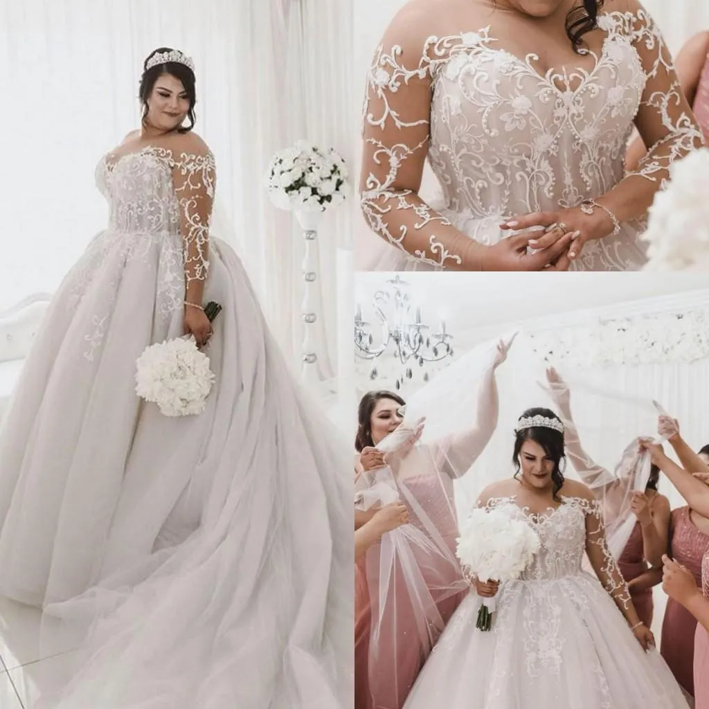 2021 robes de mariée grande taille manches longues en dentelle appliques bijou cou sur mesure balayage train château robe de mariée robe de novia