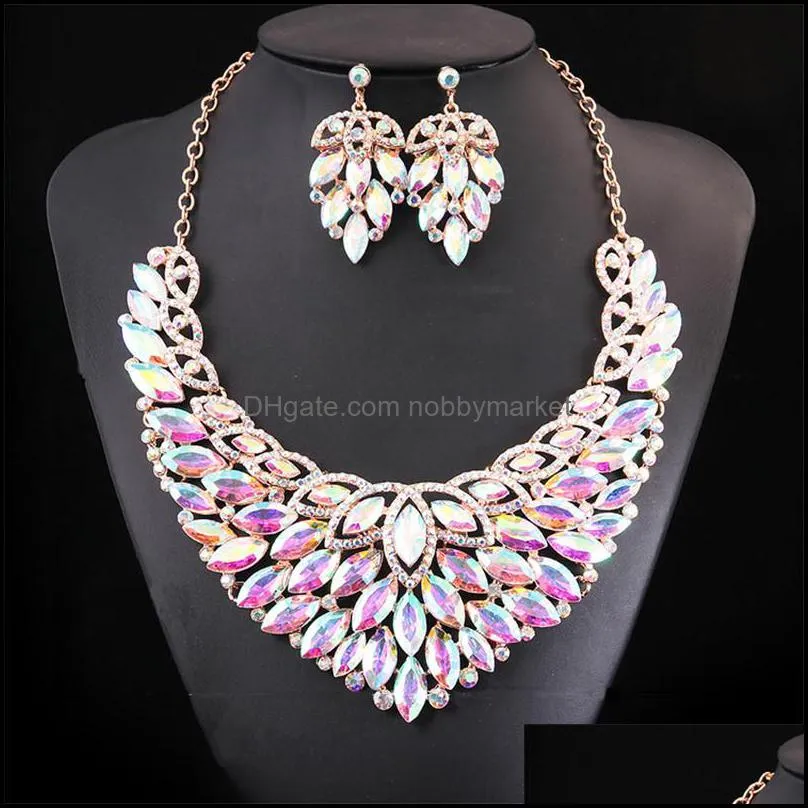 Earrings & Necklace Women Crystal Jewelry Set Gold Color Fashion Earring African Costume Nigerian Wedding Accessories Bridal