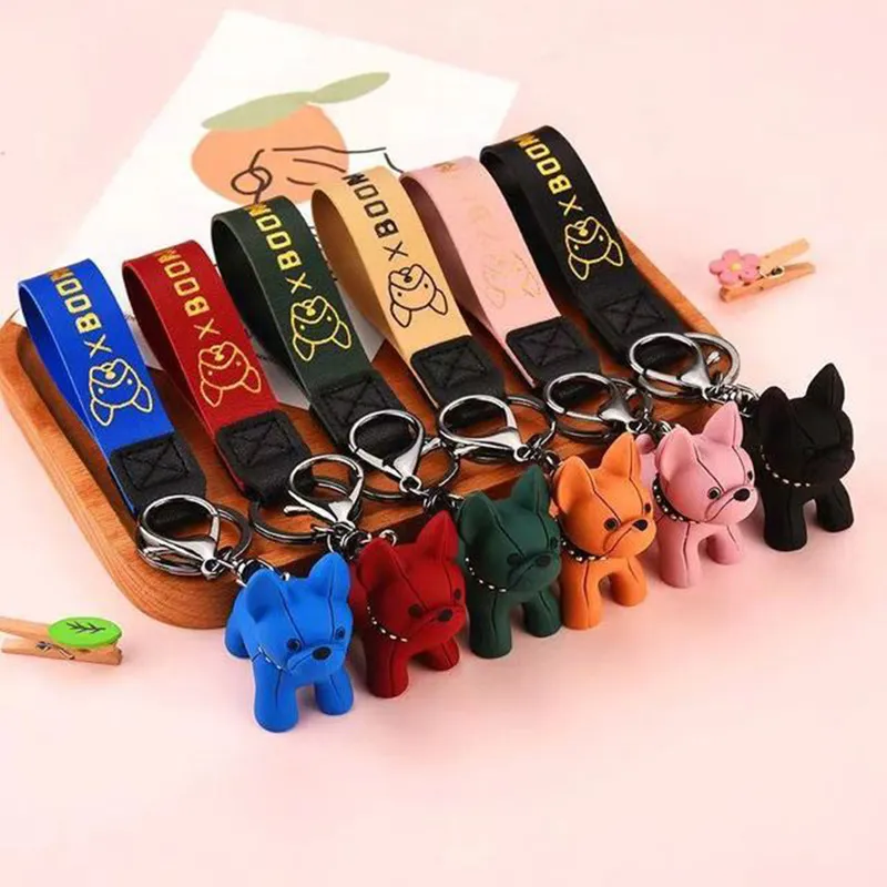 Punk French Bulldog Keychain Jewelry PU Leather Dog Keychains for Women Bag Pendant Trinket Men's Car KeyRing Key Chain