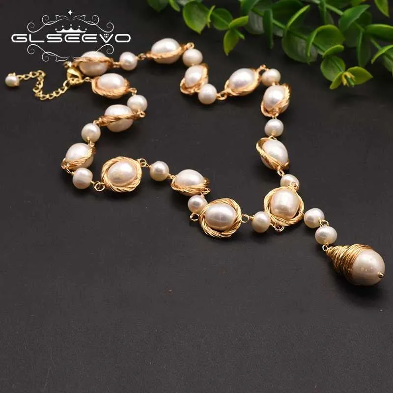 GLSEEVO Natural Fresh Water Baroque Pearl Pendant Necklace For Women Adjustable Necklaces Luxury Jewelry Bisuteria Mujer GN0045