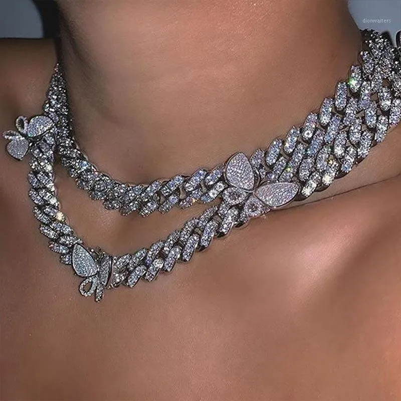 Glänsande Kristall Fjäril Kubansk Link Chain Halsband Krage Punk Lyx Rhinestone Chunky Choker För Kvinnor Smycken Presentkedjor