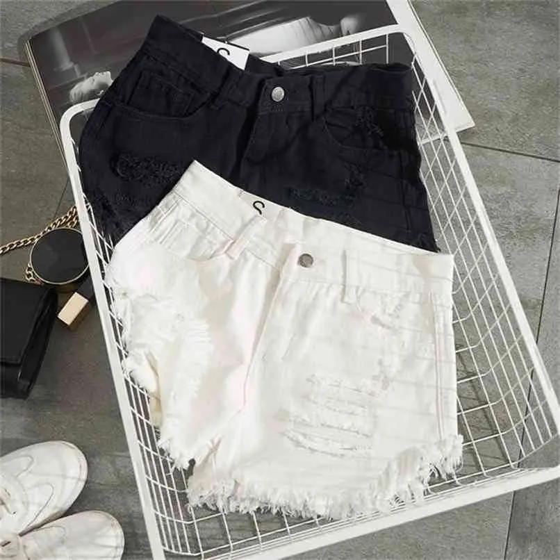 Fashion Summer Women White Denim Shorts Sexy Hole Mini Jeans Streetwear Napsel High Waist 210714