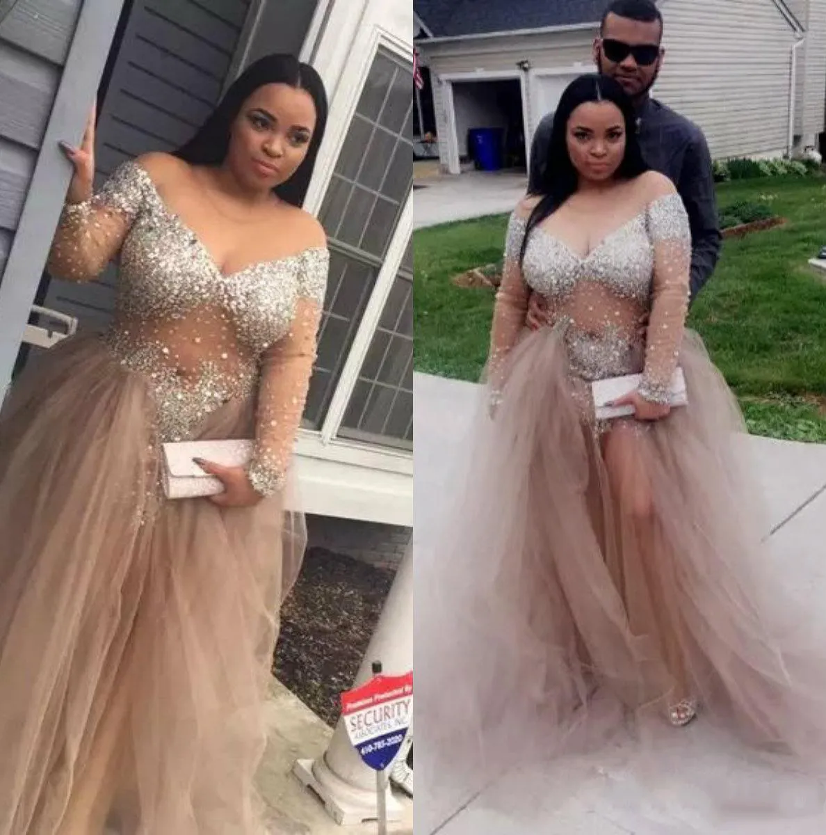 Plus Size Rhinestones Beaded Long Sleeves Prom Dress Sheer Neckline Tulle Evening Gown