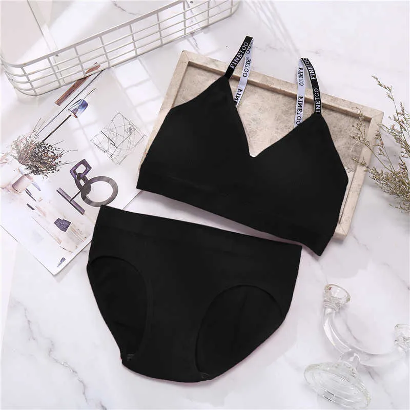 FINETOO Sexy Deep V Top Panties Set Back With Padded Bras And