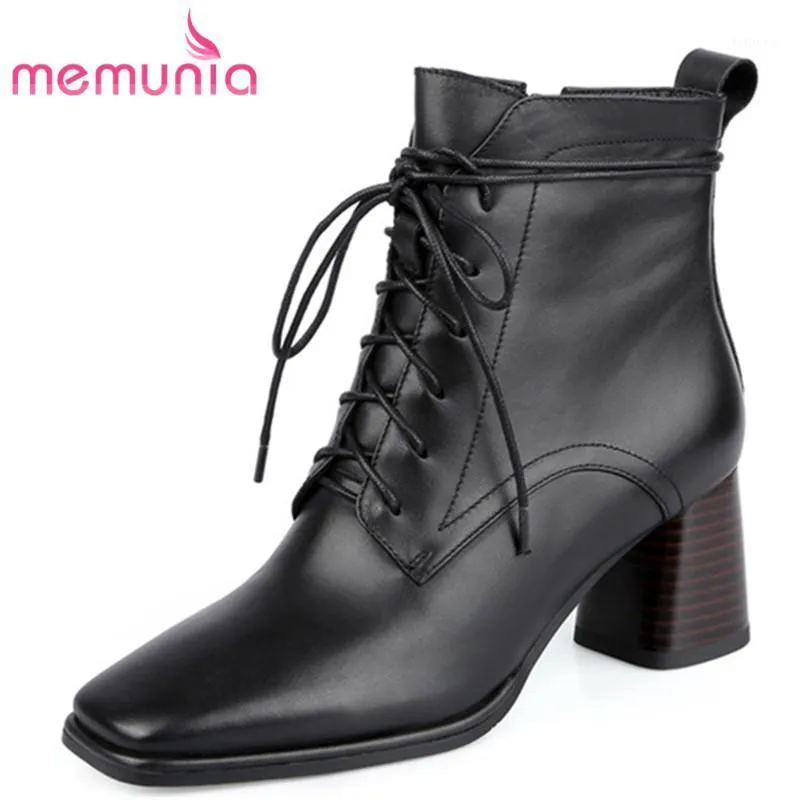 Bottes MEMUNIA 2021 chaussures en cuir véritable femmes cheville à lacets fermeture éclair talon haut décontracté Vintage automne hiver femme