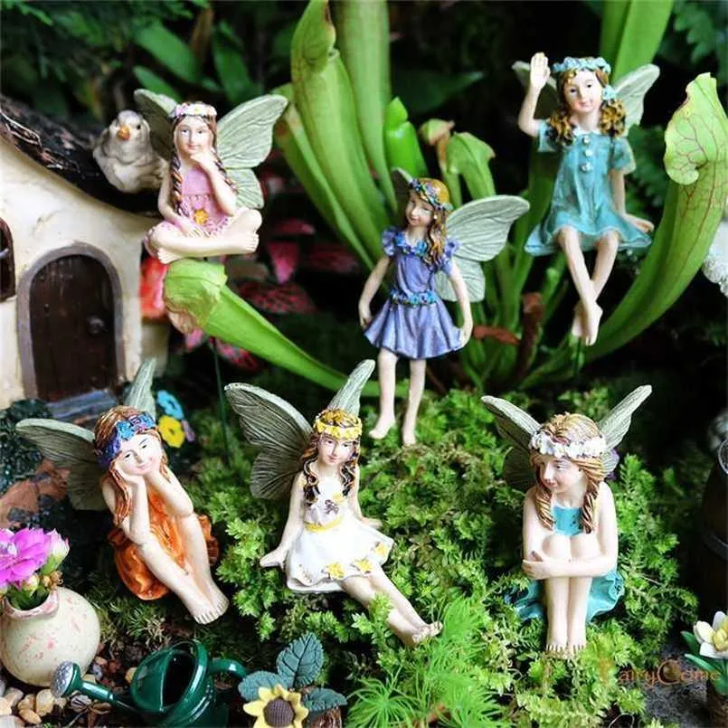 Fairycome Set of 6 Fairies for Garden Miniature Figurines Resin Figur Ornaments Staty Dekorationer 211108