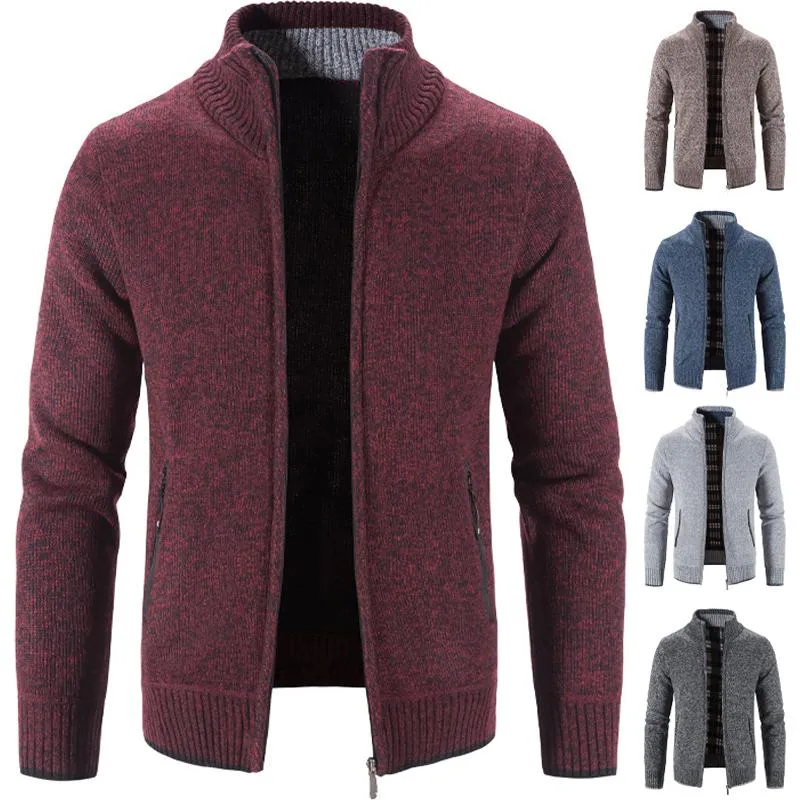 Heren Sweaters Trui Solid Color Stand-up Herfst / Winter Fleece Dikke Wol Rits Cardigan Fashion Wear