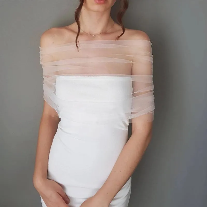 Wraps Jackets Women Pleated Tulle Sheer Wrap Wedding Bridal Off The Shoulder Stole Elegant Formal Shawl With Button Ivory Customizabl