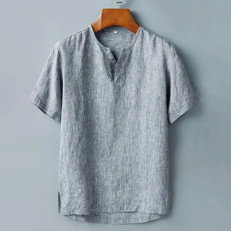 Camisas casuales para hombres Hombres de manga corta de lino sin cuello vestido suave suelto vacaciones top tee camisa de trabajo rayas3244