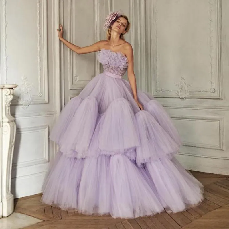 Purple Tulle Long A-Line Prom Dress, Off Shoulder Evening Dress
