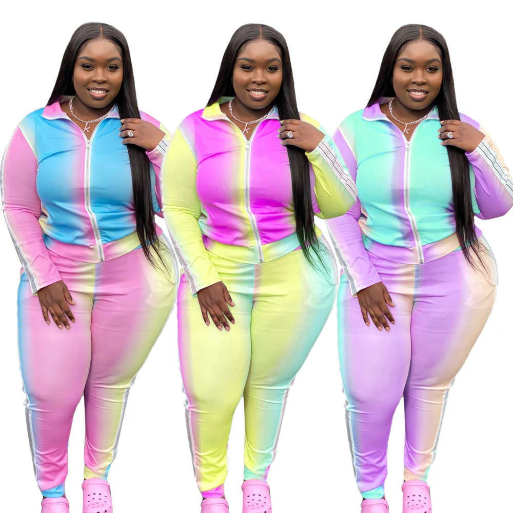 Plus Size Clothe L-5XL 2 Piece Zestaw Gradient Patchwork Zip Top Sport Spodnie Fitness Outfit Acedwear Hurtownie Dropshpping 210930