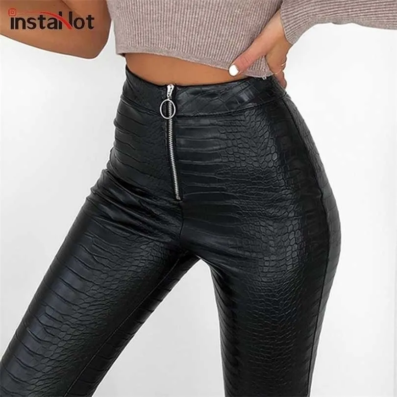 Insta elegant hög midja faux läder byxa penna skinny kontor damer byxor casual slim svart s 211124