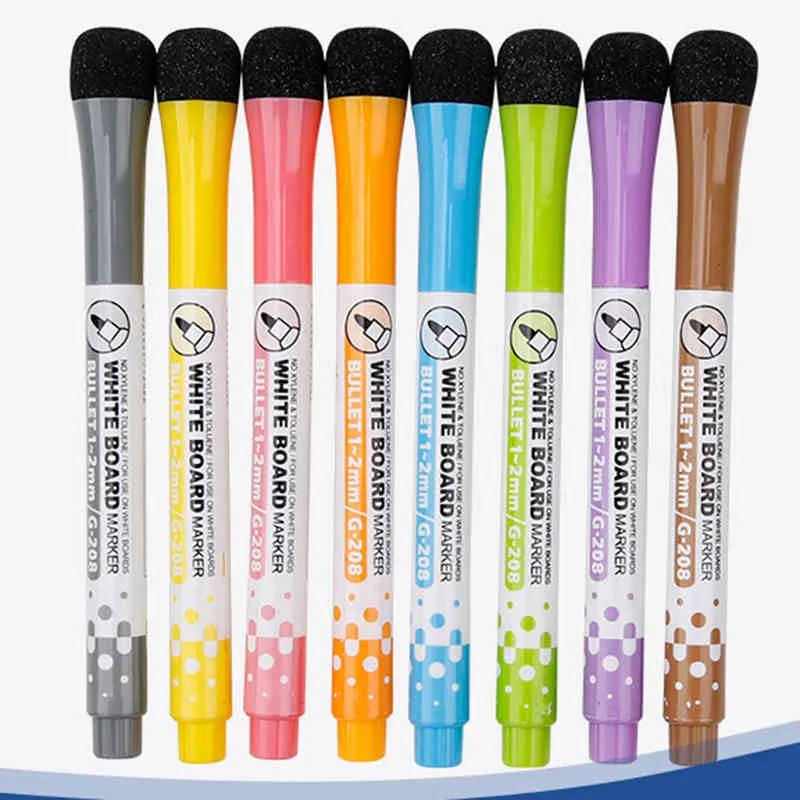 12 stks / set Kleurrijke Magnetische Wissen Whiteboard Pens Marker Droog Gum Kid Tekening Pen Board Markers met Gumers School Classroom Kantoorbenodigdheden JY0640