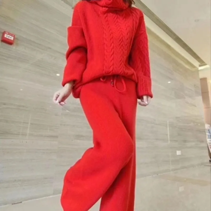 Mulher Terno Estilo Camisola de Inverno Set Padrão De Cânhamo Turtleneck Sweater Moda Leg Wide Pants Suit 210522