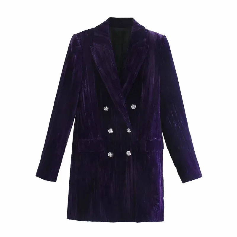 Women Business Blazer: Corduroy Long Sleeve Coat, Casual Autumn Winter Jacket with Pockets Violet