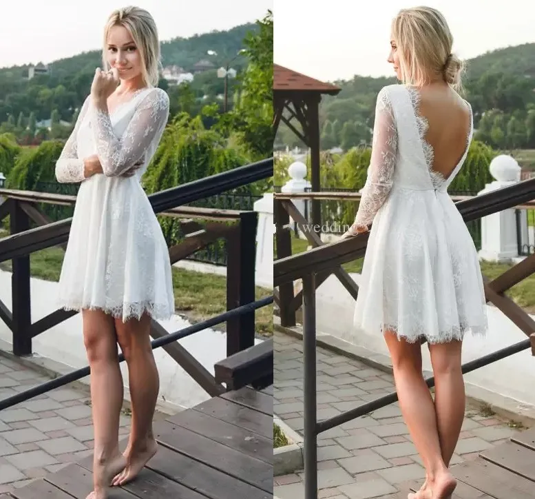 2024 spitze Kurze Brautkleider Sexy Backless Strand Brautkleid Mit Langen Ärmeln Vestidos De Noiva