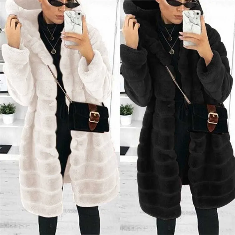 Moda mujer Faux Fur Oyercoat prendas de vestir chaqueta de lana mujer abrigo cálido Color sólido cárdigan de invierno señoras gruesas 211220