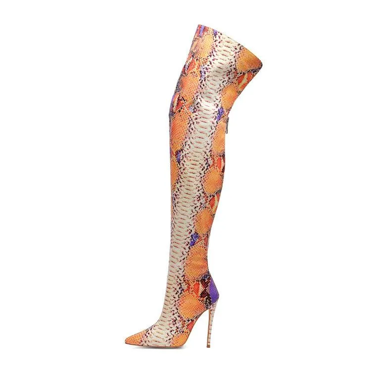 Bottes Sexy Sur Le Genou Color-Block Python Motif Bout Pointu Dos Fermeture À Glissière Talons Hauts Longue Cuisse À La Mode Femme