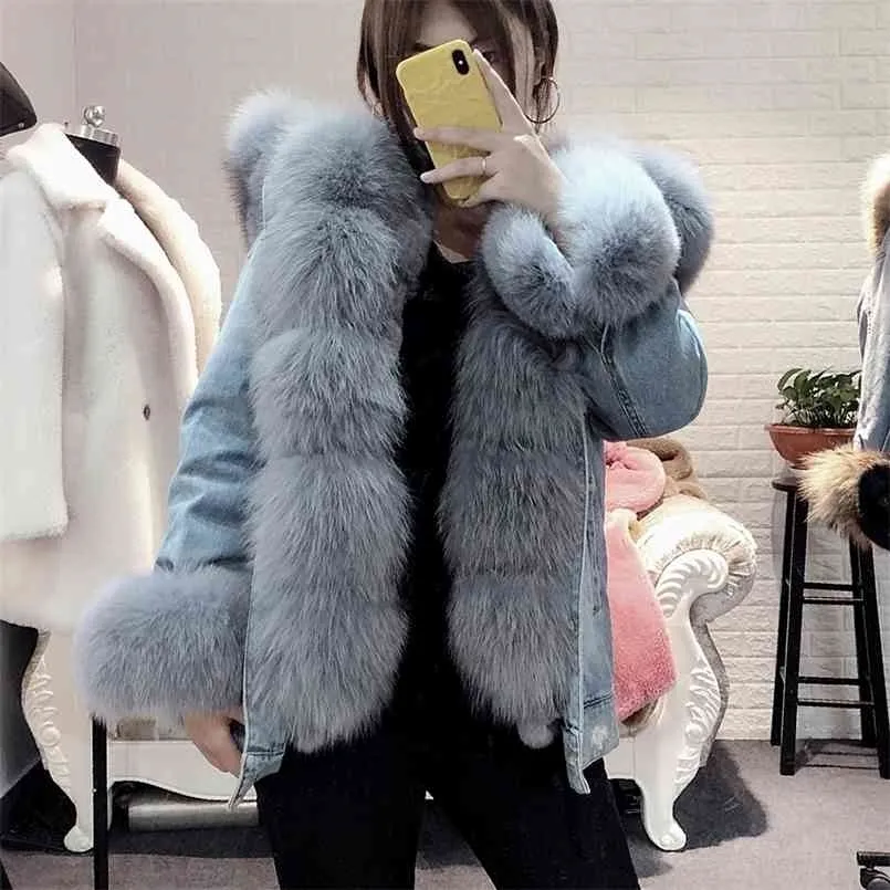 Winter Women Natural fur big collar Coat Denim loose fashion Fur detachable Rabbit lining Parka Leather Jacket 210916