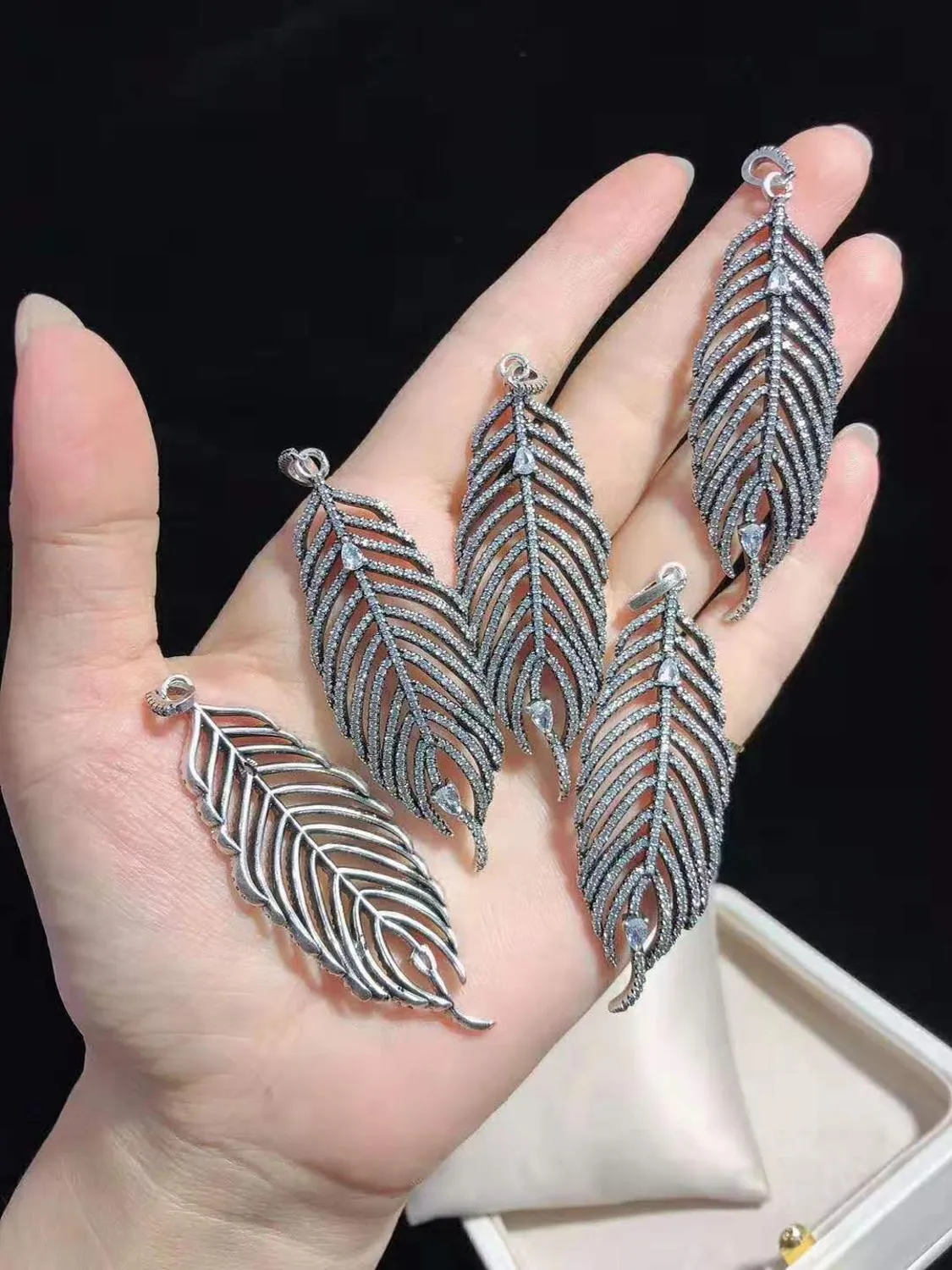 1pc Silver Gray Feather Micro Crystal Pave Pendant