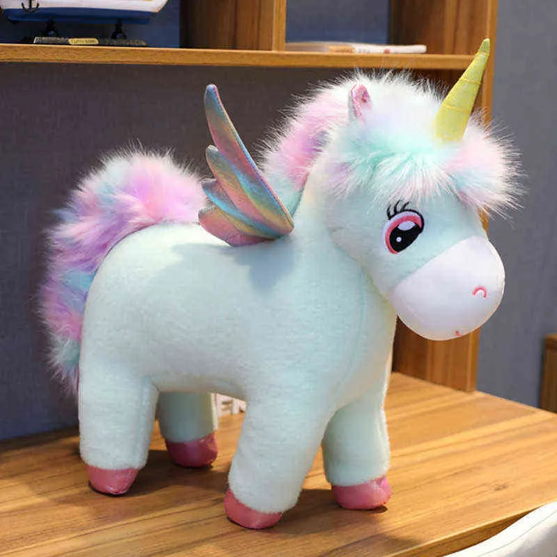 Fantastische Glow Rainbow Wings Einhorn Plüschtier Riesiges Einhorn Spielzeug Stofftier Puppe Flauschige Haare Fliegenpferd Spielzeug für Kinder Kind Y211119