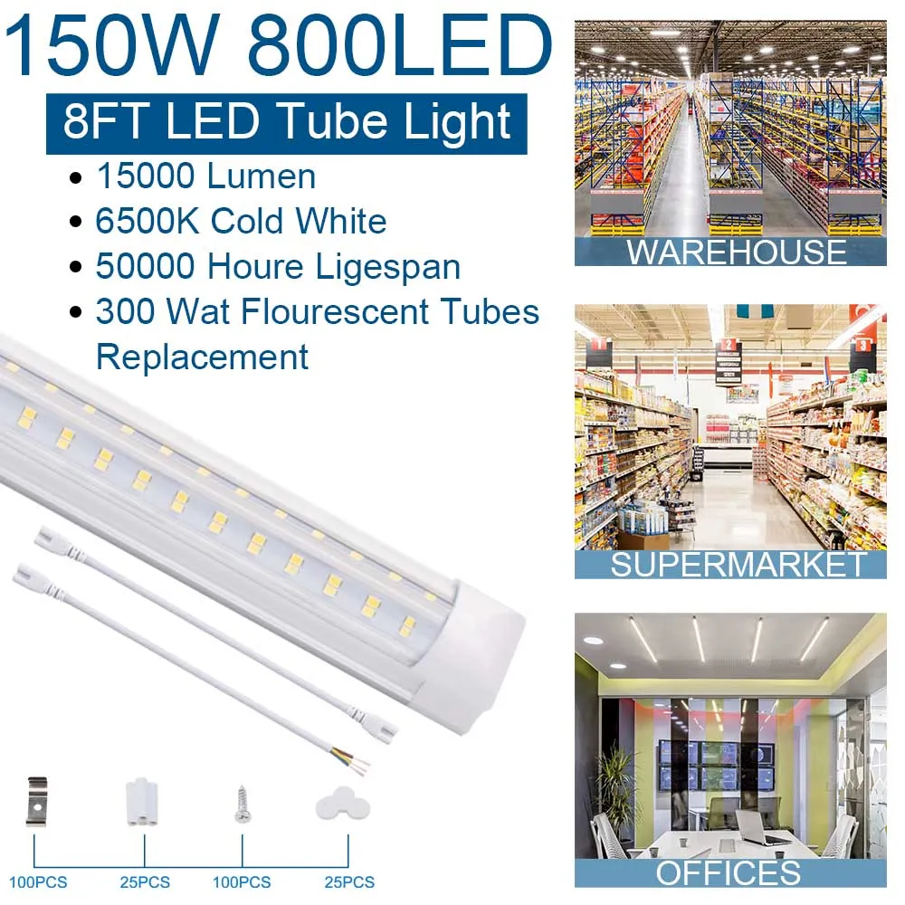 8Ft LED Shop Light Fixture T8 Integrated Tube Lighting 150W V
