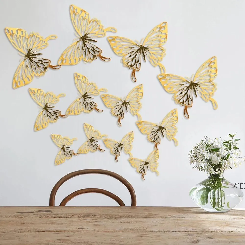 Butterfly Decals 12PCS Wall Stickers 3D Refrigerator Decor 3 Sizes for Party Bedroom Wedding Living Room Cake Decorating RRE11769