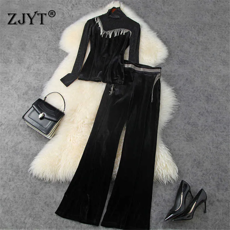 Höst Winter Lady Party Outfits Runway Designers Turtleneck Beading Tassel Velvet Top and Pants Suit 2 Piece Sets 210601