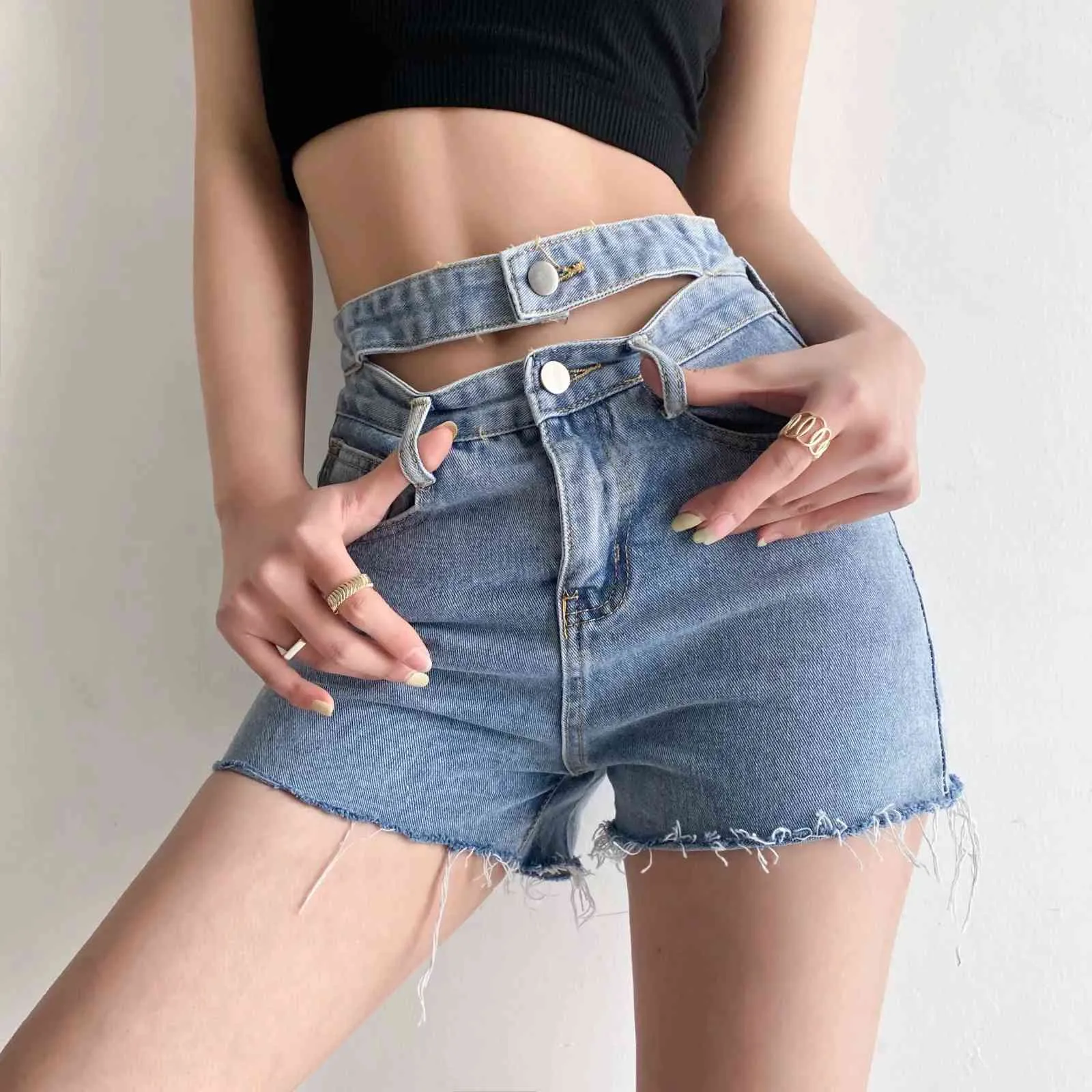 ファッション夏のカジュアルデニムの女性のショートパンツの女の子ヴィンテージハイウエスト擦り切れたストレートシースジーンズシンプルスタイルショーツ210521