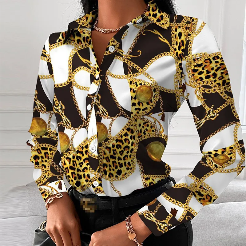Mode col rabattu femmes élégantes Blouse bouton décontracté à manches longues haut d'automne Blusas dame chaîne imprimé léopard chemise de bureau 220218